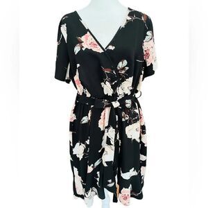 SHEIN black floral faux wrap style dress, hi-low ruffle hem & flutter sleeve 0X